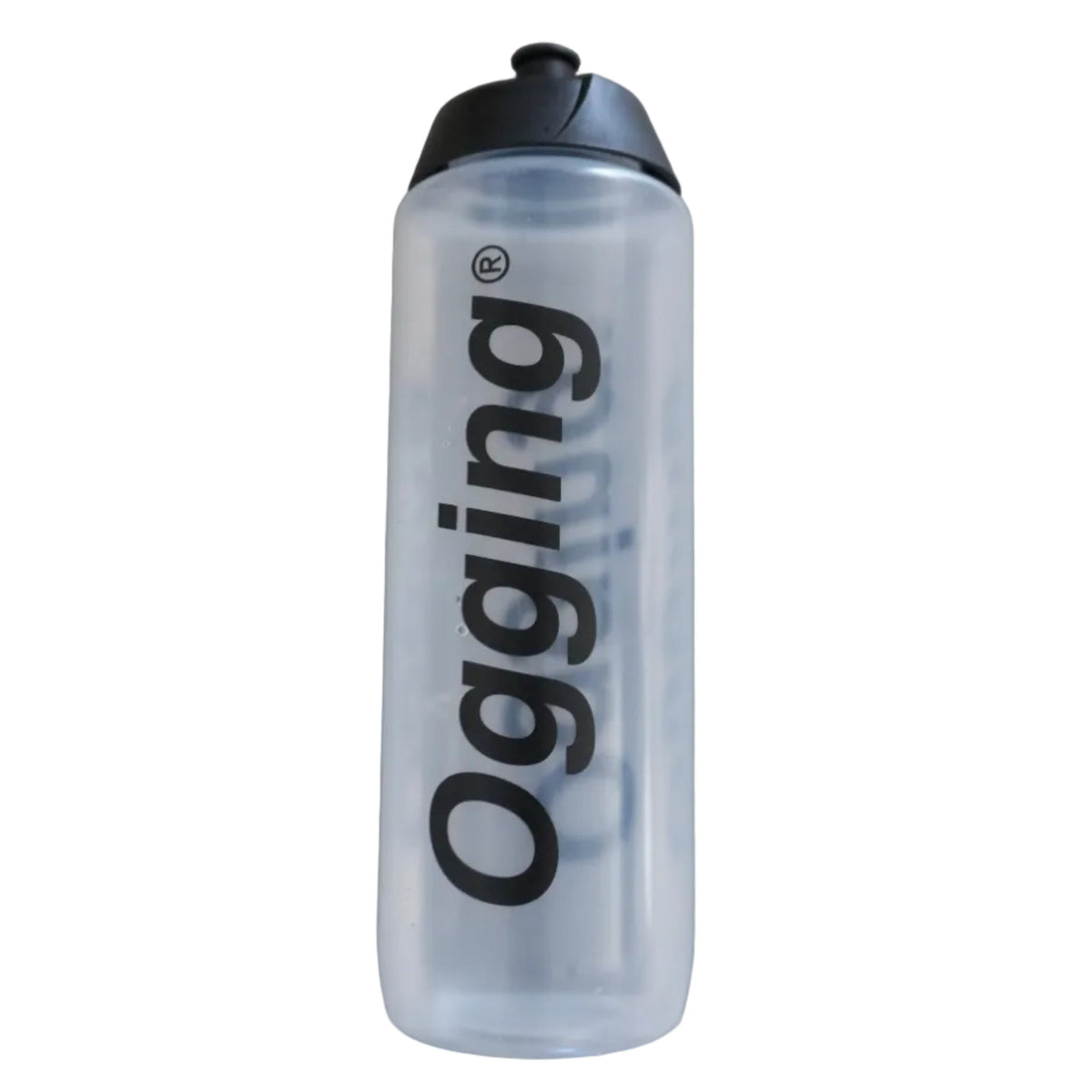 Clear water bottle with black lid and 'Ogging' branding on a gray tiled floor.